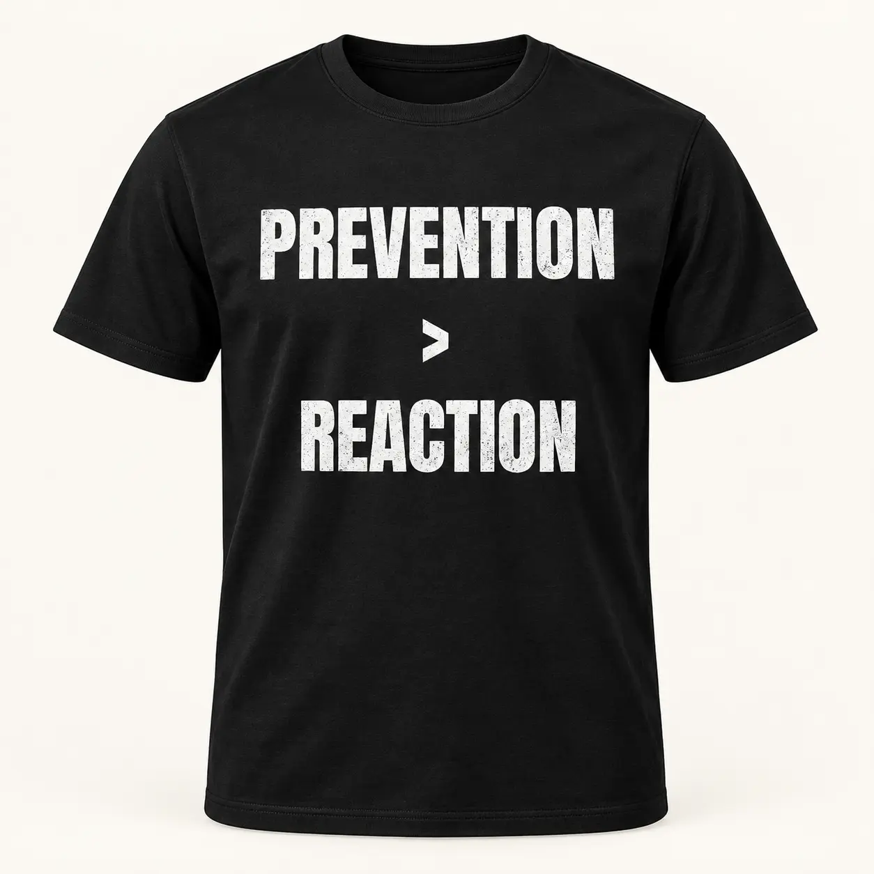 Front of black T-shirt reading Prevention greater than Reaction