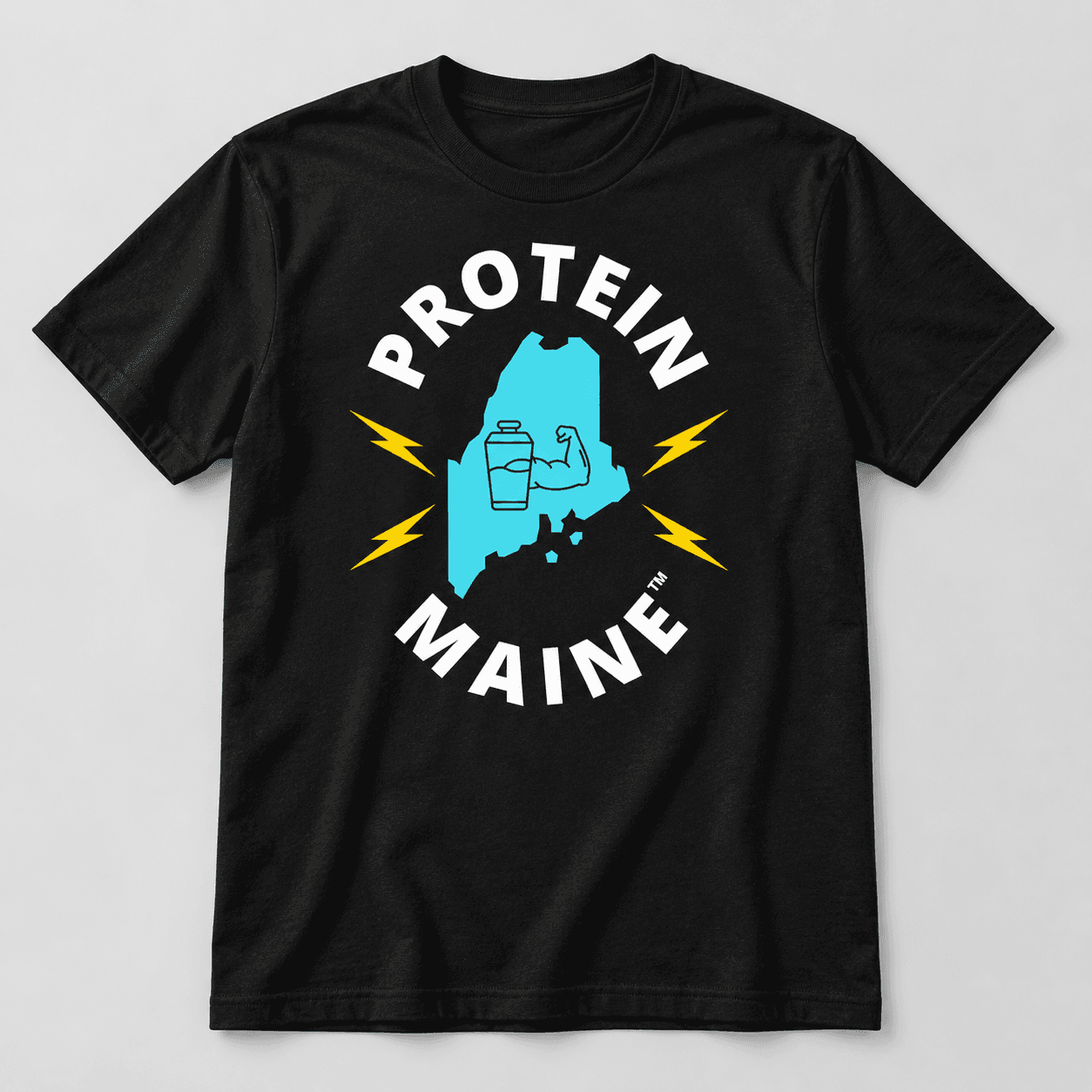 Protein Maine artwork with a blue Maine silhouette, shaker bottle, flexed arm, and yellow lightning bolts