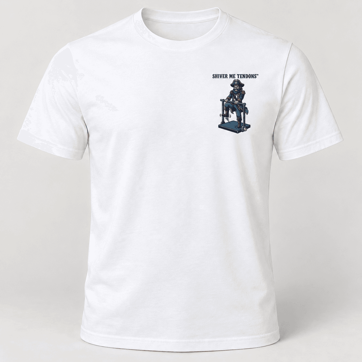 White Shiver Me Tendons shirt with left-chest badge artwork