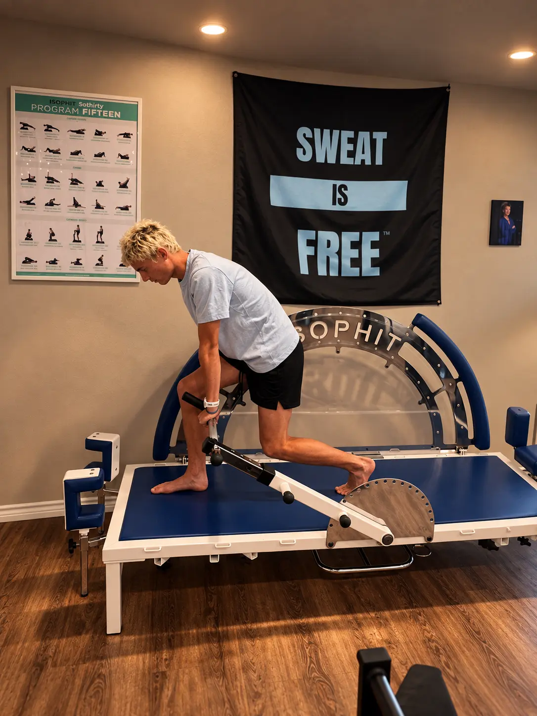 Student athlete performing an individualized split-squat exercise on the ISOPHIT system