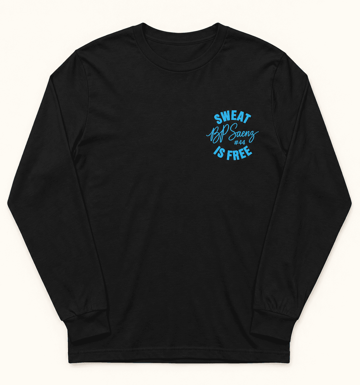 Black BP Saenz long-sleeve shirt with blue athlete collaboration artwork