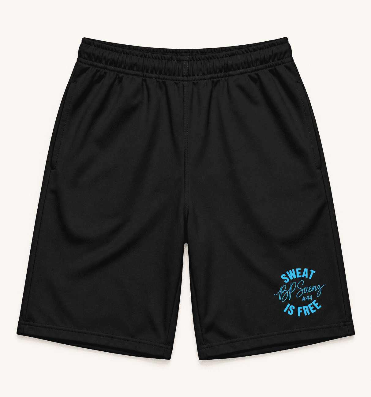 Black BP Saenz long shorts with blue athlete collaboration artwork
