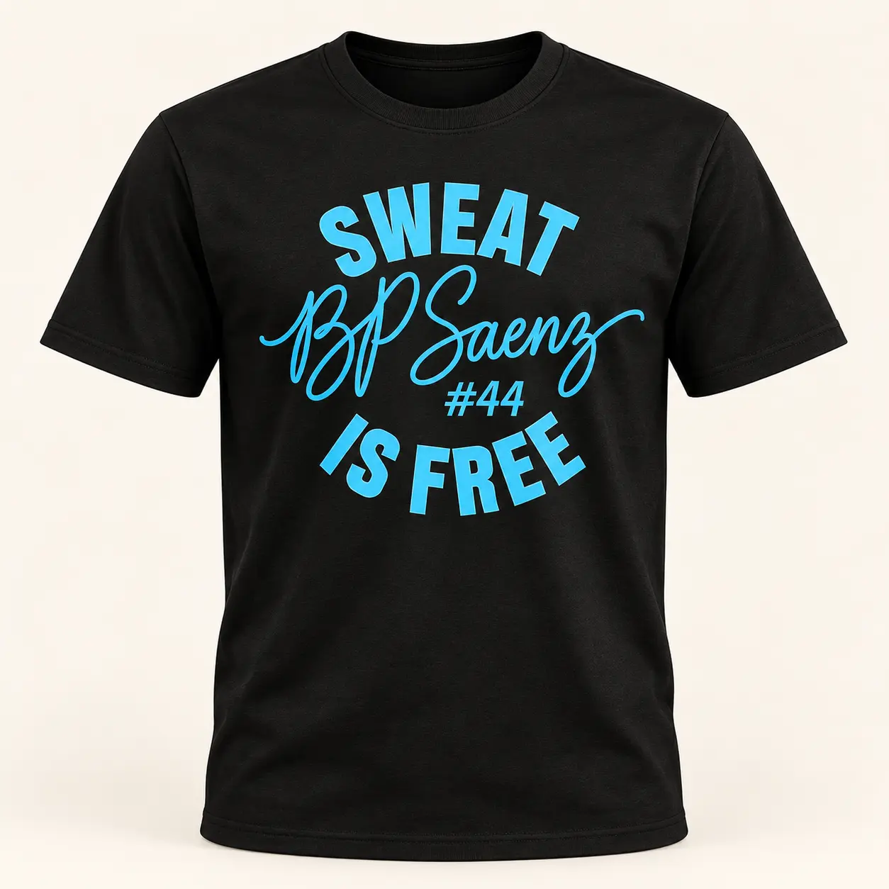 Black T-shirt with blue BP Saenz number 44 and Sweat Is Free artwork