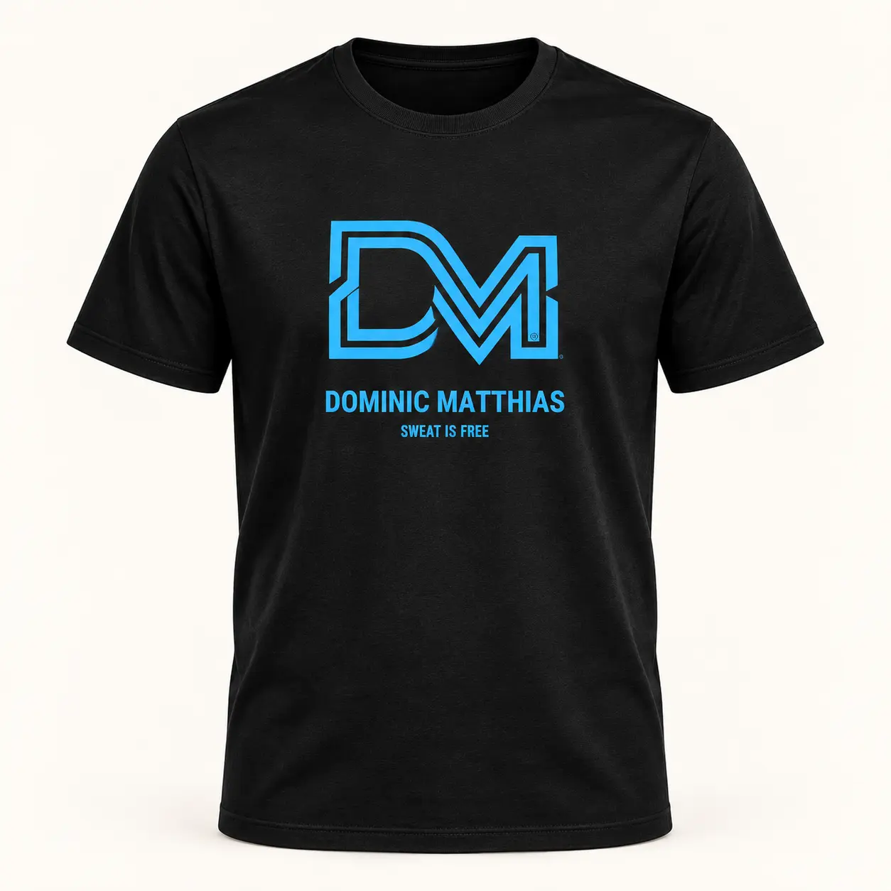 Black T-shirt with blue Dominic Matthias monogram and Sweat Is Free artwork