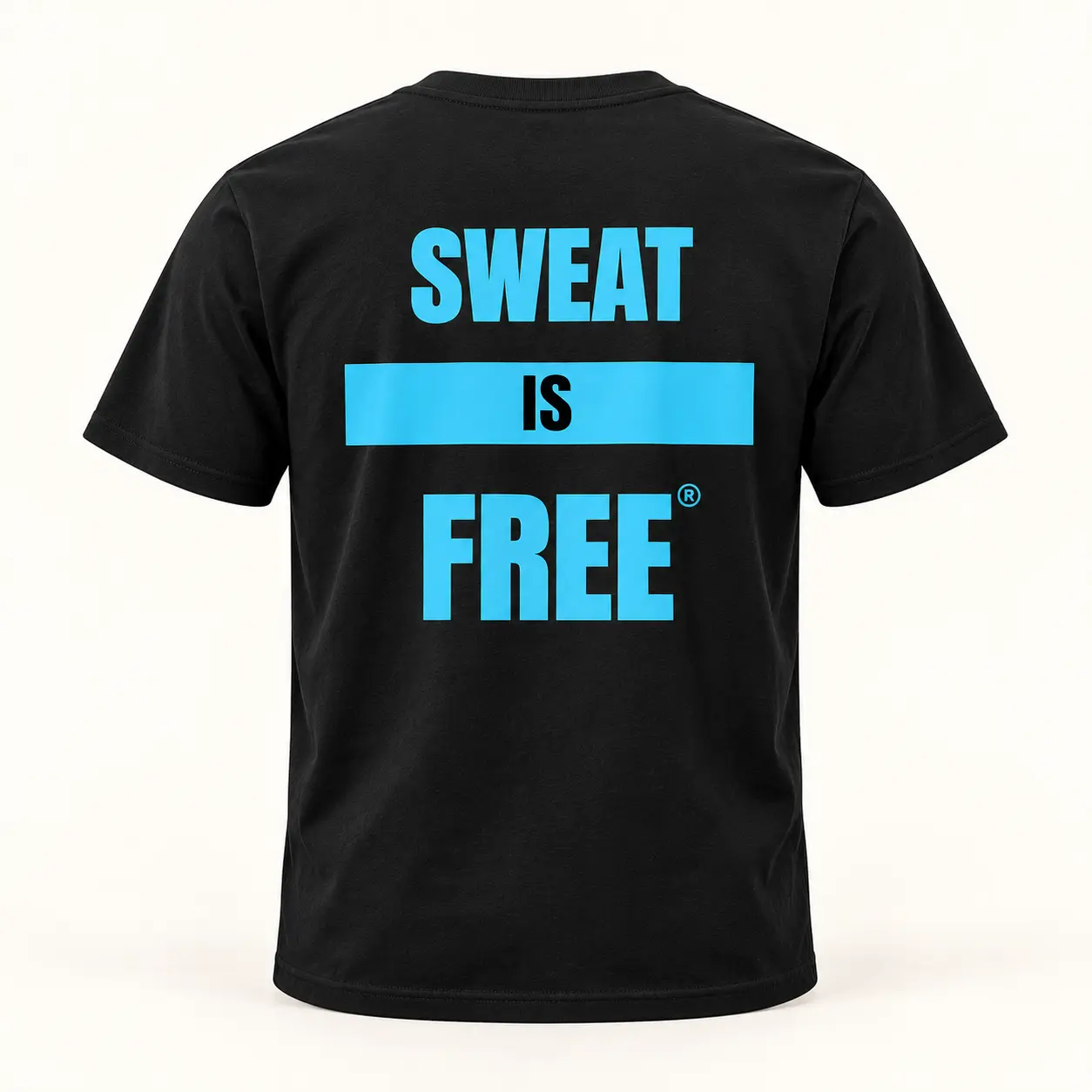 Back of black T-shirt with blue registered Sweat Is Free wordmark